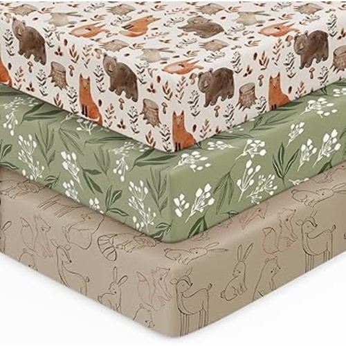 Baby Crib Sheets for Boys Girls, 28x52x8in Fitted Crib Sheet Neutral 3 Pack for Standard Crib and Toddler Mattress, Breathable Soft Microfiber Baby Sheet Green & Brown Fox