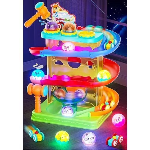 2-in-1 Rolling Ball & Car Ramp Race Track for Toddlers, Hammer Ball Drop Toy for Boys & Girls, Interactive Playset w/Sensor Lights - Montessori STEM Learning Toys for Kids 1-5+ Year Old