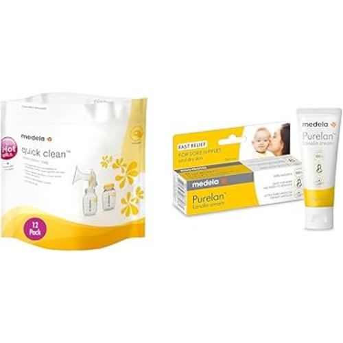 Medela Quick Clean MicroSteam Bags, Sterilizing Bags & Purelan Lanolin Nipple Cream for Breastfeeding, Eliminates 99.9% Bacteria, Hypoallergenic, 12 Pack & 1.3 Ounce