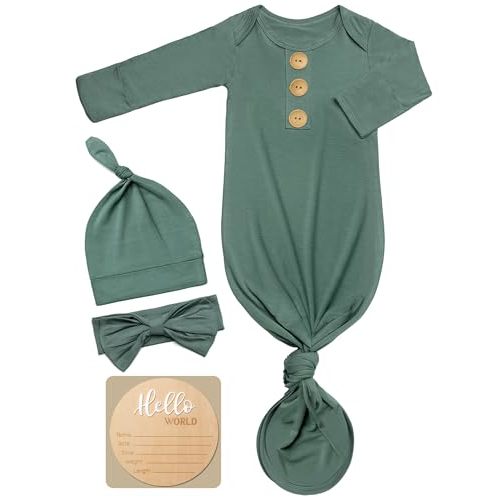 Soft Baby Knot Gown 0-3 Months, Newborn Announcement Sleepers With Mitten Cuffs and Personalized Wooden Name Tag