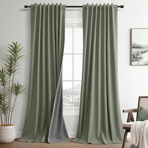 Sage Green 100% Blackout Linen Curtains for Bedroom 84 Inch Length 2 Panels Set Farmhouse Elegant Back Tab Black Out Thermal Insulated Noise Cancelling Drapes for Bedroom Dining Room 52x84 7Ft