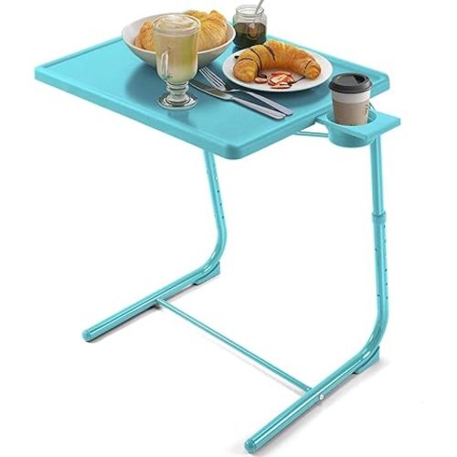 HUANUO Adjustable TV Tray Table - TV Dinner Tray with Cup Holder on Bed & Sofa, Comfortable Folding Table with 6 Height & 3 Tilt Angle Adjustments for Laptop (Azure)