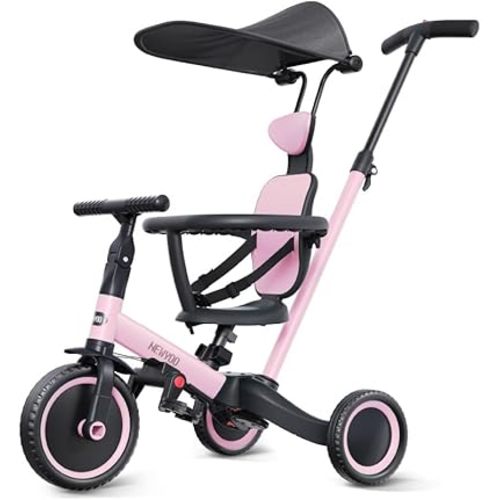 newyoo Tricycle for Toddlers 1-3, Toddler Tricycle with Push Handle and Canopy, Toddler Bike, Birthday Gift and Toys for Girl and Boy, 6 in 1 Baby Trike, Balance Bike, TR009, Pink