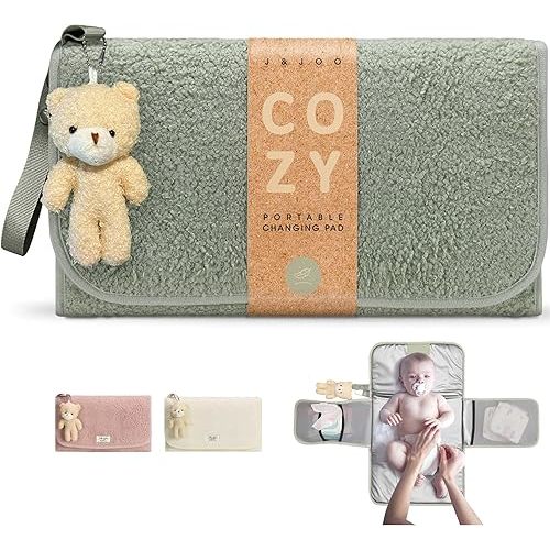 J&Joo Portable Diaper Changing Pad - Ultra Soft, Extra Padded, Waterproof Baby Changer Travel Essential, EZ Access Mesh Pockets, Gift for Baby Shower, Newborn Girls and Boys, 0-12 Months