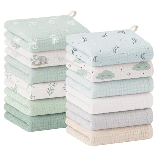 Bearmoss 12 Pack Baby Muslin Washcloths, 100% Cotton 10"x10" Face Towels | Soft Absorbent Bath Wash Cloths and Burp Cloths for Newborn Infants Kids Girls & Boys (Green Elephant)