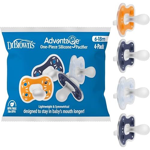 Dr. Brown's Advantage One-Piece Silicone Baby Pacifier, 6-18M, 4-Pack