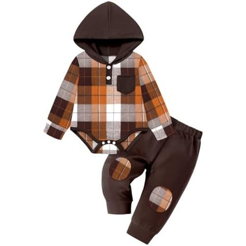 Fommy Baby Boy Clothes Flannel Plaid Outfits Long Sleeve Hoodie Romper Fall Winter 2 Pcs Clothes for Boy