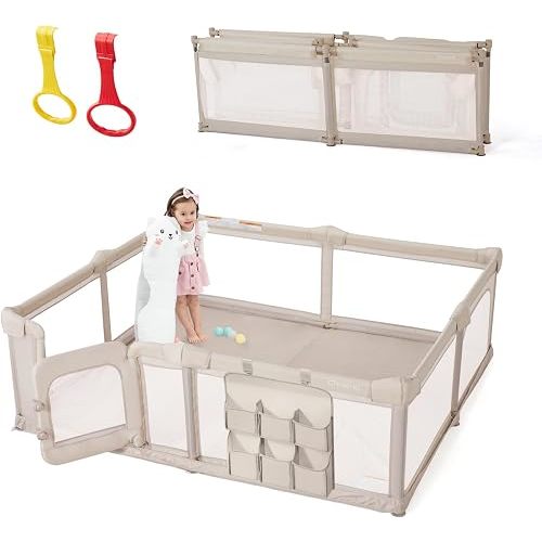 Baby Playpen,71"x79" Foldable Playpen for Babies and Toddlers with Gate,Large Baby Play Pens with Zipper Door,Play Yards Play Area (Light Khaki)