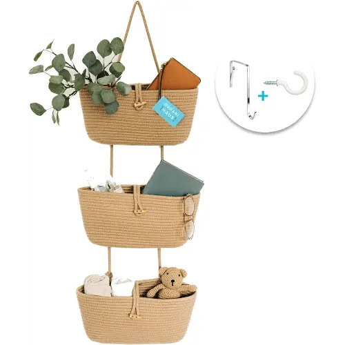 OrganiHaus Over the Door Hanging Basket for Organizing, 3-Tier Hanging Wall Basket for Storage, Boho Nursery Decor for Wall, Behind Door Wall Storage, Wall Organizer for Office, Wall Toy Storage Honey