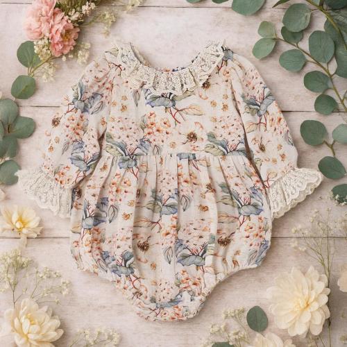 Baby Girl Vintage Floral Bodysuit with Lace Collar and Long Sleeves, Baby Girl Clothes, Tesa Babe, Cotton, Rayon & Linen