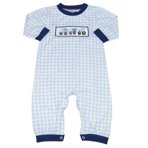 Hand Smocked Baby Blue Construction Romper