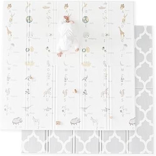 Cuddle & Learn Playmat by Fortella, Foldable Foam Baby Play Mat for Floor, Extra Large & Padded for Tummy Time and Outdoors, Portable with Travel Case (Alphabet & Moroccan 71.5x70x0.6 inch)