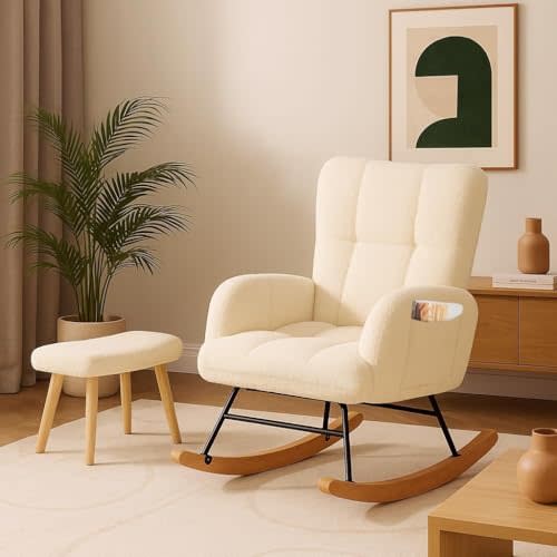 COMHOMA Nursery Rocking Chair with Ottoman,Teddy Glider Rocking Chair,Accent Chair with High Backrest Reading Chair for Adult,Nursery,Bedroom,Living Room,Offices(Beige with Ottoman)