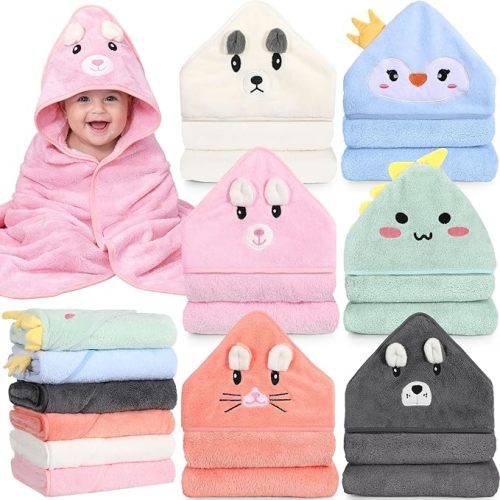 SmoothNovelty 6 Pack Baby Hooded Towels Infants and Toddlers Coral Fleece Baby Bath Towels 31.5 x 31.5 Inch Absorbent Cute Soft Newborn Bath Essentials Gifts for Boys & Girls(Multicolor,Stylish)