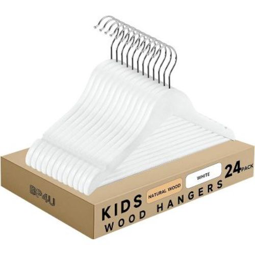 BP4U 24-Pack Kids Wooden Hangers with Pants Bar, Unfinished Ultra-Slim Baby & Toddler Solid Wood Clothes Hangers with 360° Swivel Hook - White