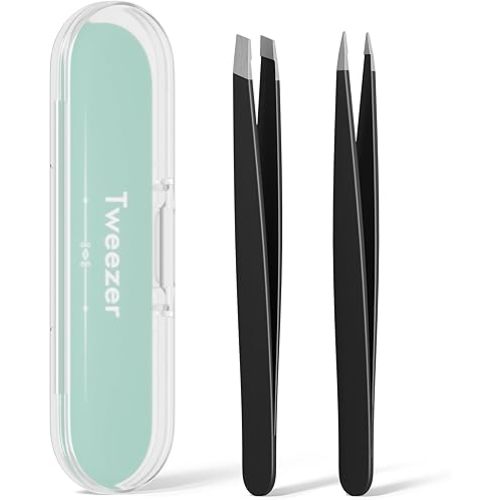 Tweezers for Women Facial Hair, Slant & Point Tip 2 Pack Eyebrow Tweezers for Men, Professional Tweezer Set Stainless Steel Precision Tweezers for Eyebrows, Splinter, Ingrown Hair Removal