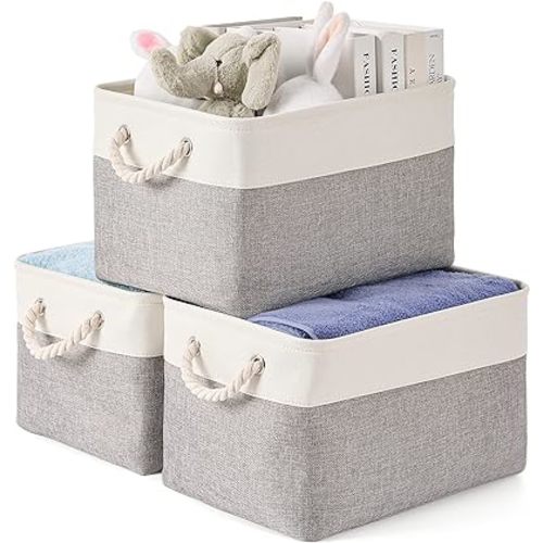 Storage Bins 3 Pack, Fabric Storage Basket for Collapsible Medium Canvas Storage Baskets for Organizing Shelf Nursery Home Closet with Cotton Rope Handle 15(L) x 11(W) x 9.5(H) inch(White&Grey-3PCS)