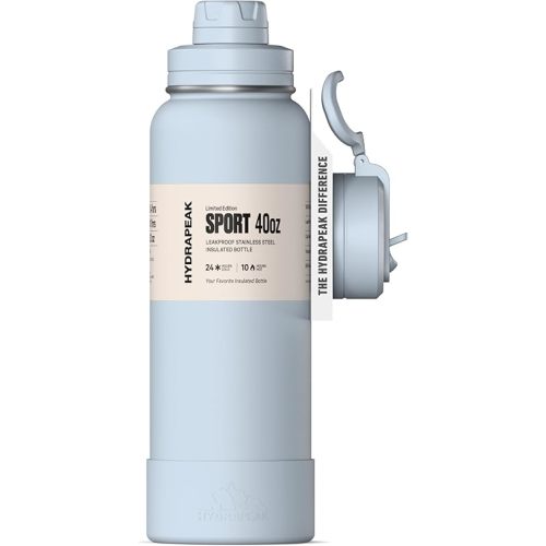 Hydrapeak 40oz Sport Insulated Water Bottle with Straw & Chug Lid, Leak & Spill Proof, Keeps Drinks Cold for 24 Hours, Hot for 12 Hours, Premium Stainless Steel Water Bottles (40oz, Ice Blue)