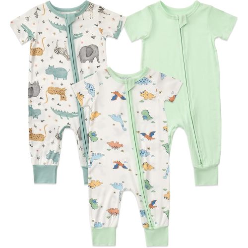 Aablexema Baby Short Sleeve Footless Romper 3-Pack Rayon of Bamboo 2 Way Zipper One Piece Pajamas Jumpsuits for Boys Girls