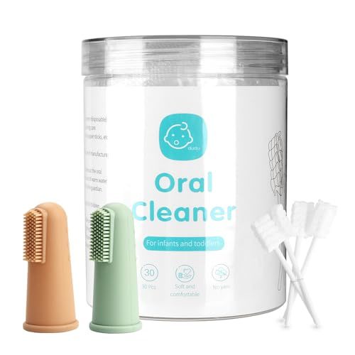 Baby Toothbrush Finger Toothbrush Oral Cleaner Kit with Baby Tongue Cleaner Toddler Silicone Tooth Brush 0-6 Months 6-12 Months (Clay/Mint+30PCS)