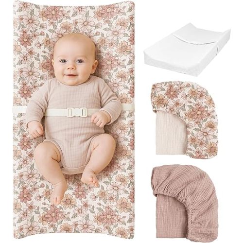 Konssy Muslin Changing Pad with Waterproof Lining Foam, Includes 2 Pack Soft & Cotton Cover, Baby Diaper Changing Pad for Dresser or Table, 32x16 inches (Vintage Petals, Taupe)
