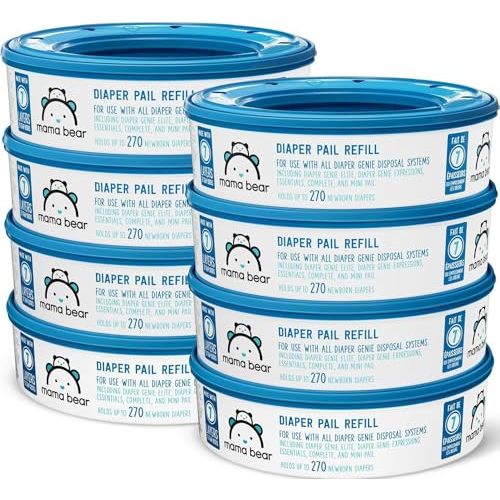 Amazon Brand-Mama Bear Round Diaper Pail Refills for Diaper Genie Pails, Odor Control, Unscented, 2160 Count (8 Packs of 270), Compatible with Diaper Genie Complete, Elite and Expressions Pails