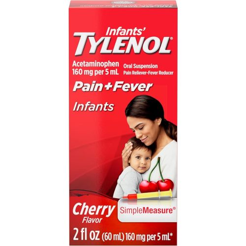 Infants' Tylenol Liquid Pain Reliever and Fever Reducer Medicine, Acetaminophen Oral Suspension for Sore Throat, Headache & Teething, Kids Fever Reducer; Dye-Free Cherry Flavor, 2 fl oz, Pack of 1
