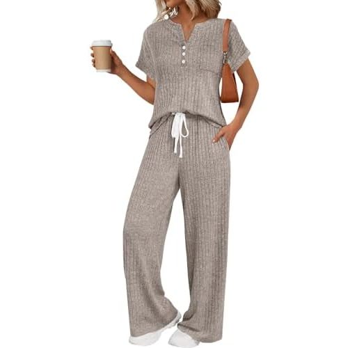 LILLUSORY Women's 2 Piece Matching Lounge Sets Summer Henley Neck Wide Leg Pants Casual Sweat Suit
