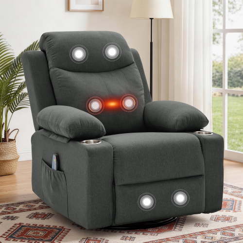 GEEYOO, 360° Swivel Rocker Recliner, Massage Heat Linen Gray