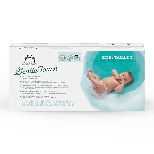 Amazon Brand - Mama Bear Gentle Touch Baby Diapers, Size 1, Leak Protection, Wetness Indicator, Umbilical Cord Cutout, 200 Count (4 packs of 50)