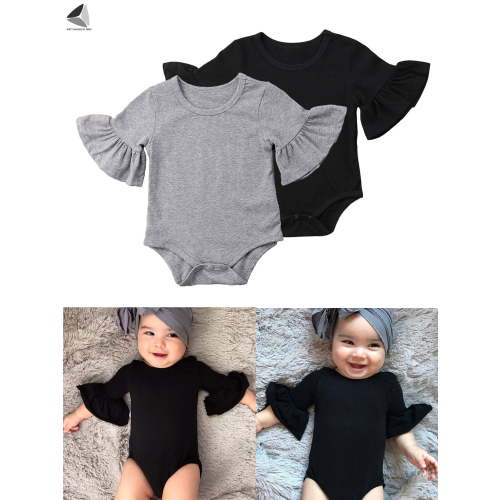PULLIMORE Newborn Infant Baby Girls Clothes Long Flared Sleeve Romper Jumpsuit Bodysuit for 0-24 Months Baby (Black)