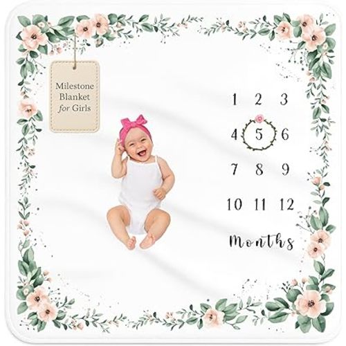 Baby Monthly Milestone Blanket for Girls – Soft Fleece Photo Prop with Floral Wreath, 47”x47” Gender Neutral Growth Chart for Newborn Photography, Nursery Keepsake