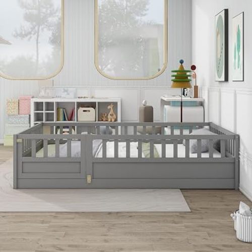 GDFStudio Full Size Floor Bed Frame with Fence and Door, Pine Wood Montessori Style Platform Bed, Enclosed Design with High Guardrails and Support Slats, Gray Finish, No Box Spring Needed