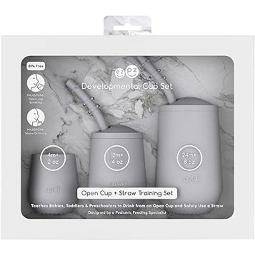ezpz Developmental Cup Set (Pewter) - 100% Silicone - Teaches Babies, Toddlers, and Preschoolers to Drink from an Open Cup and Safely Use a Straw - Designed by a Pediatric Feeding Specialist