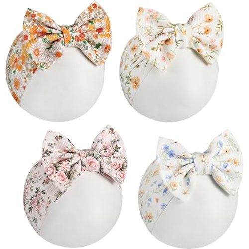JATEBI 4 Pcs Floral Bow Baby Girl Headbands Soft Newborn Hair Bows