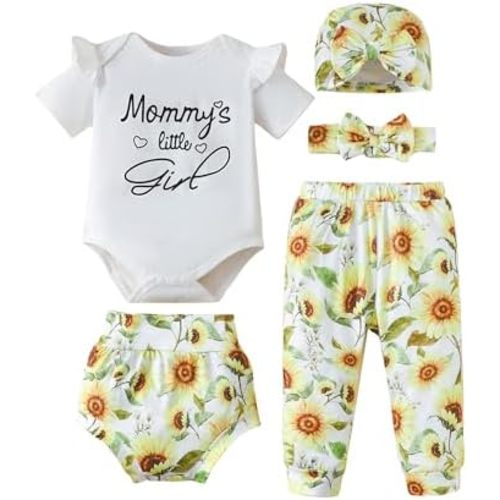SUNNY PIGGY Baby Girl Clothes Infant Newborn Girls Outfits Romper with Headband Hat Pants Shorts Set 5Pcs