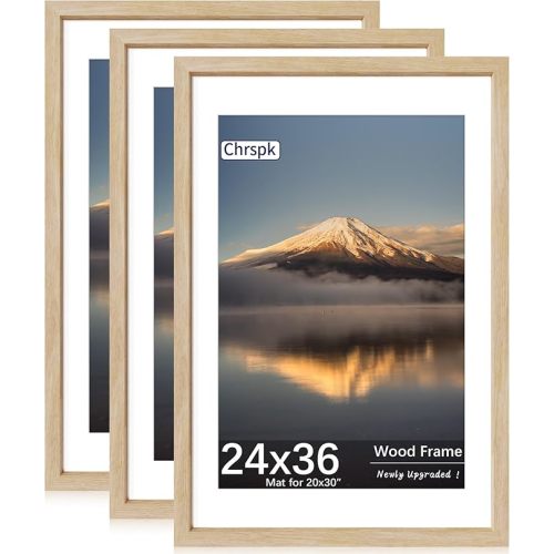 18X24 Poster Frame, Display Pictures 16X20 with Mat or 18X24 without, Wall Hanging Frames, Natural Oak, 3 Pack