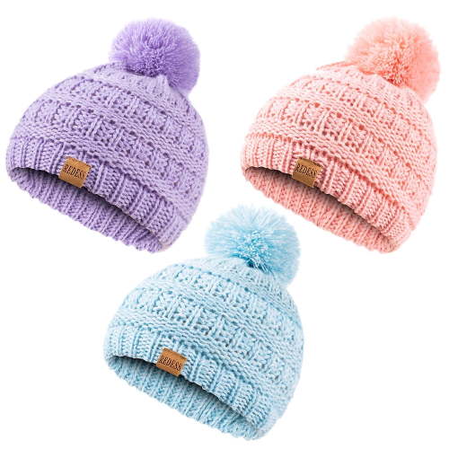 REDESS Baby Kids Winter Warm Hats, Infant Toddler Children Pom Pom Beanie Knit Cap Girls Boys-3 Pack