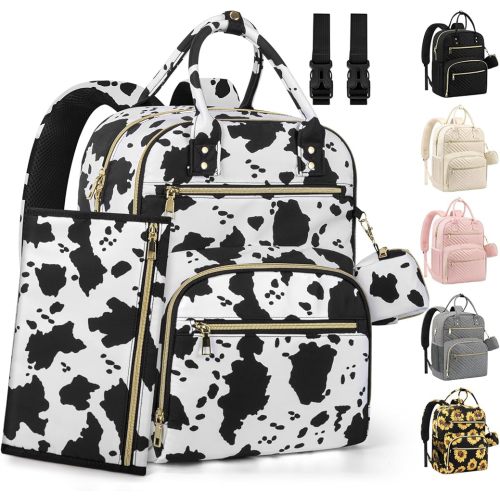 Pritent Diaper Bag Backpack,Baby Essentials Diapers Bag with Pacifier Case,Multipurpose Stylish Large Capacity Travel Backpack for Baby Girl/Boy(L-Cow Print)