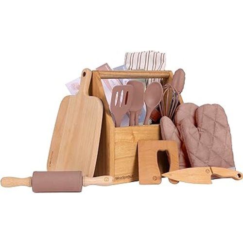 WeeSprout Little Chef Kids Cooking & Baking Set, 14 Piece Cooking Set with Real Kitchen Tools & Kids Apron, Baking Gift for Girls, Boys & Junior Chefs, Food Grade Materials, Choice of Colors