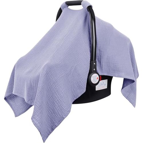 Metplus Muslin Car Seat Cover for Babies, 100% Cotton Breathable Infant Carseat Canopy for Summer, Lightweight Stroller Sunshade Covers for Newborns(Purple)