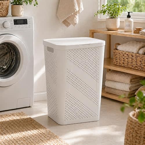 24 Inch White Rectangular Plastic Laundry Hamper with Hinged Lid, Ventilated Hex Hole Clothes Basket Reinforced Side Handles for Bedroom Dorm Bathroom