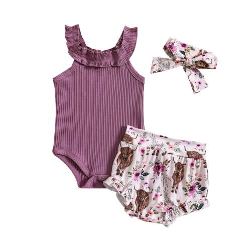 TAIAOJING Toddler Baby Girls Outfits Summer Sleeveless Calf Flower Prints Romper Pants Headbands 3Pcs Cute Clothes Set For 3-6 Months