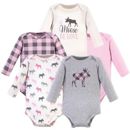 Hudson Baby Infant Girl Cotton Long-Sleeve Bodysuits 5pk, Pink Moose, 6-9 Months