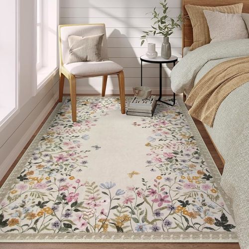 Wonnitar Washable 5x7 Rug for Living Room, Floral Print Large Bedroom Area Rug, Non-Slip Dining Table Throw Mat, Botanical Area Rug Carpet for Entry Basement Dorm (Beige,5'x7')