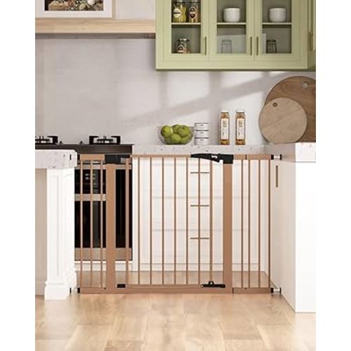 keny 29.7"-46" Baby Gate for Stairs, Auto Close Dog Gates for Doorways, Pressured Mounted No Drilling Pet Gate Extra Wide, Easy Walk Thru Stair Gate, 30" Tall, Brown