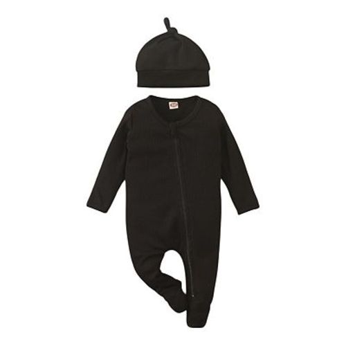 Baby Boys Black Waffle Knit Zipper Footie with Hat