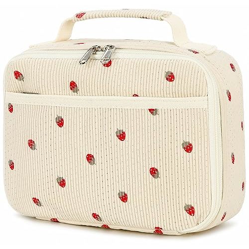 Bluboon Insulated Lunch Bag for Girls & Boys, Corduroy School Lunch Box with Cooler & Organizer Compartments, Leak-Proof Lunch Tote for School, Travel (Corduroy Strawberries Beige)
