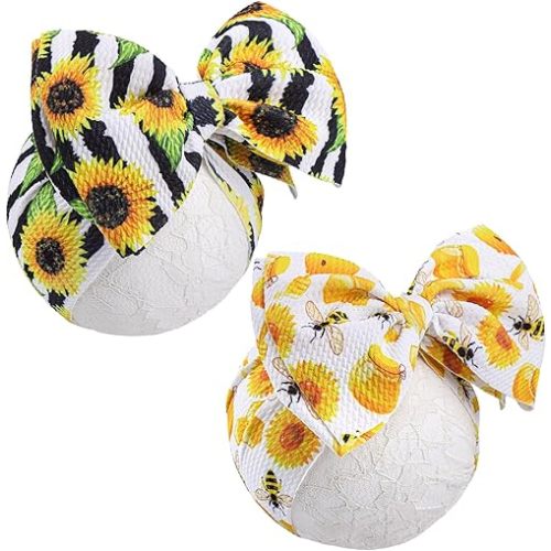 YanJie Hairband, Baby Girls Headband with Bow, Sunflower Printed, Wide Headbands, Elastic Hair Bow Headwrap, Knotted Headband, Newborn Infant Toddlers Hair Accessories, Bee, 2 Count