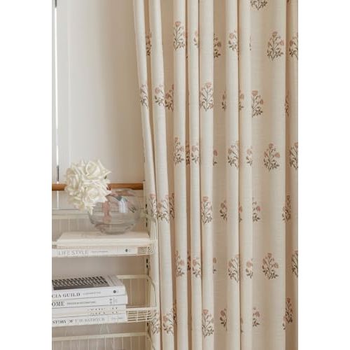 DrapePalette - Linen Blend Pinch Pleated Curtains for Living Room, Bedroom, Dining Room - Light Filtering Curtains 2 Panels Set - Luxury and Modern Floral Printed Design - Beige White, 30" W x 96" L